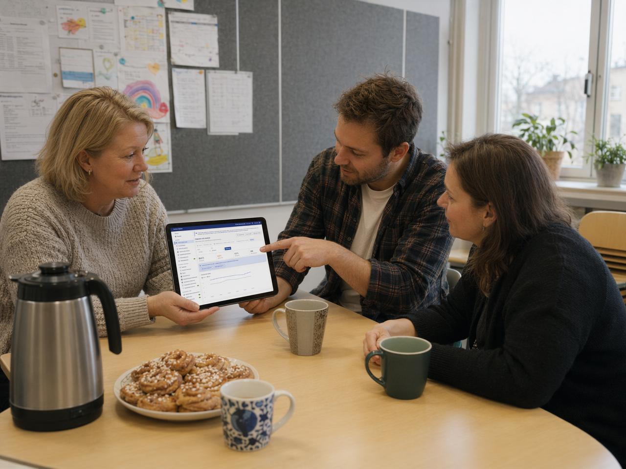 Tre kollegor på ett personalmöte i skolans personalrum diskuterar en frånvarorapport i Vklass analys på en surfplatta, med kaffetermos och kanelbullar på bordet.