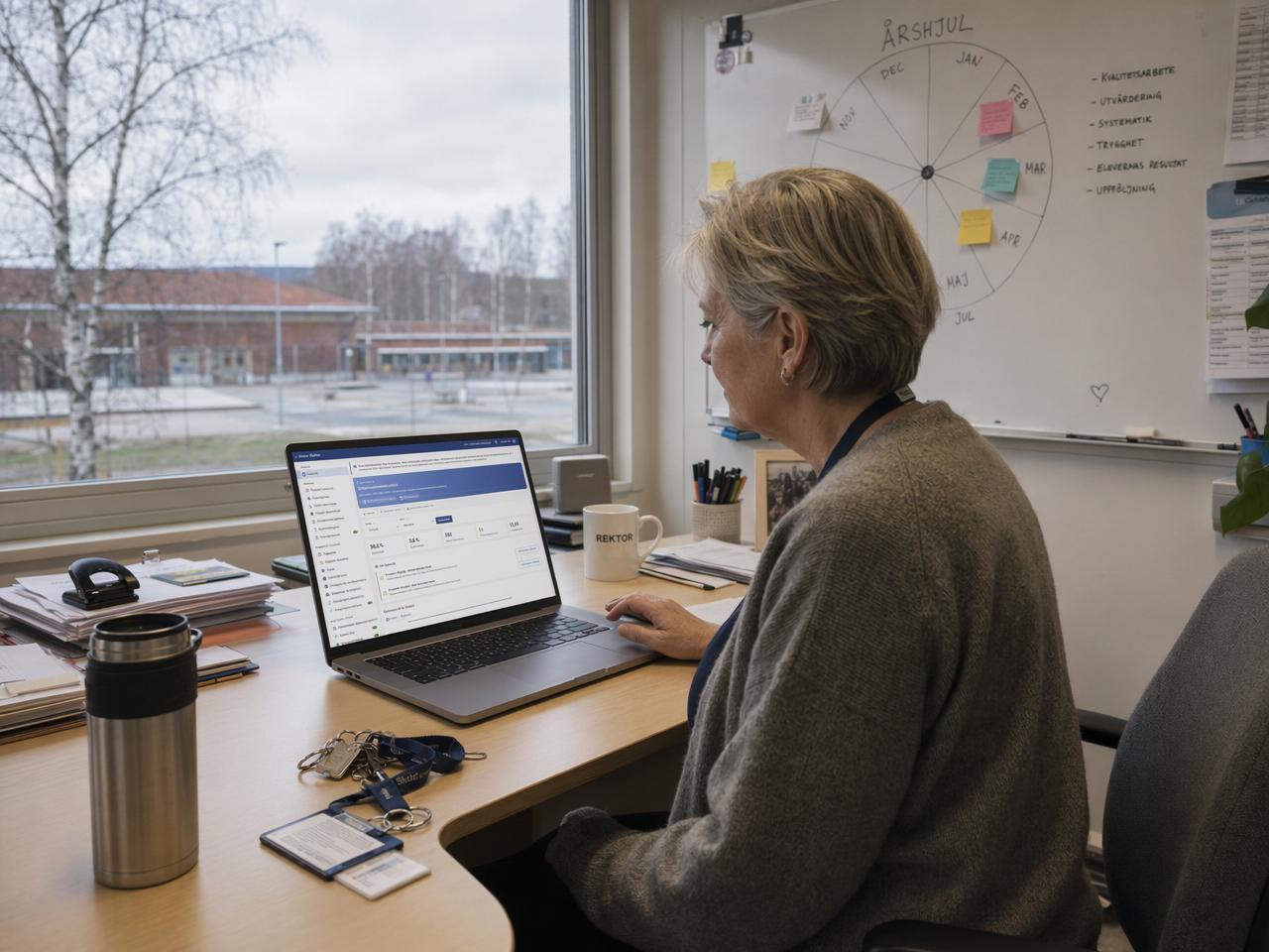 En rektor i sitt arbetsrum på skolan går igenom Vklass analys på sin laptop, med årshjulet på whiteboarden och skolgården utanför fönstret.